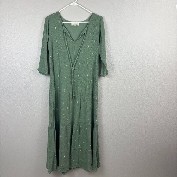 Aspiga Womens Green Metallic Embroidered Boho Peasant V-Neck Midi Dress Size M - Picture 1 of 9